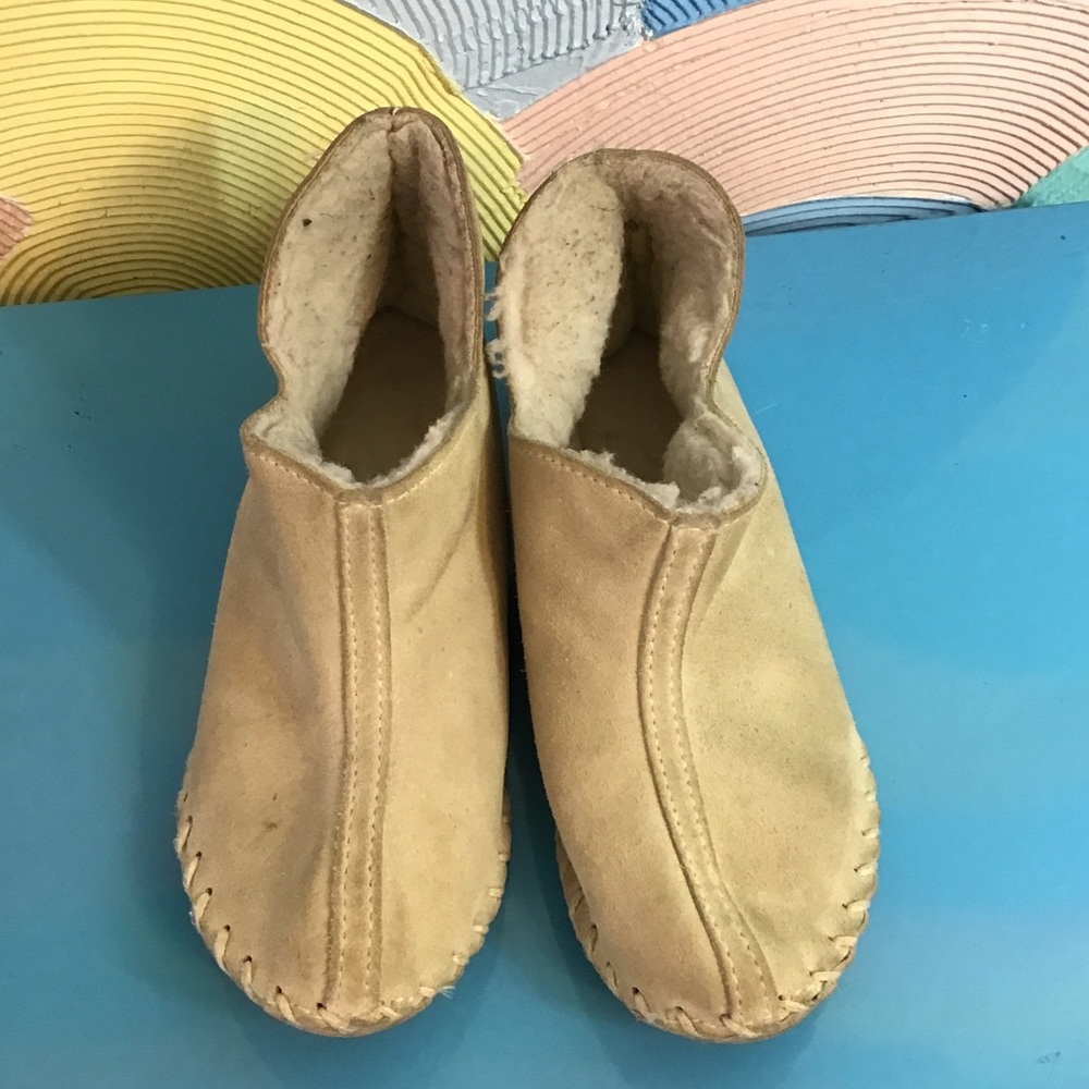 Shearling-Lined Beige Suede Slippers